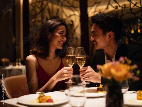 romantic couple enjoying fine dining champagne