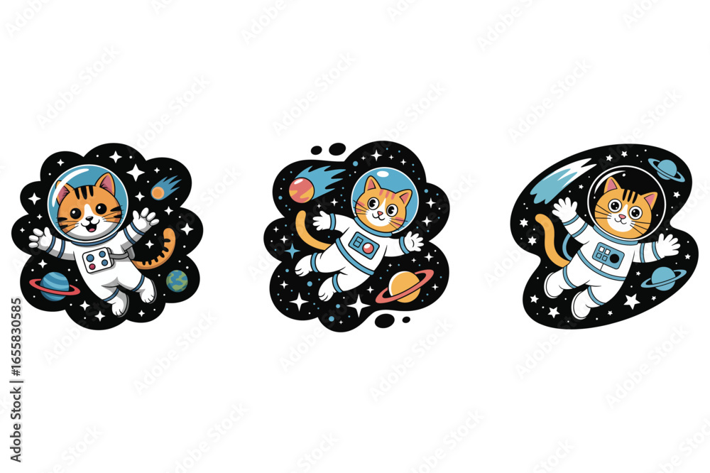 Obraz premium Orange tabby cats in space suits floating among planets and stars
