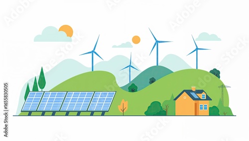 Renewable Energy Illustration: Solar Panels, Wind Turbines, and Eco-Friendly Home.