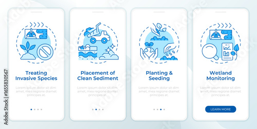 Phases of wetland restoration blue onboarding mobile app screen. Water. Walkthrough 4 steps editable graphic instructions with linear concepts. UI, UX, GUI. Montserrat SemiBold, Regular fonts used
