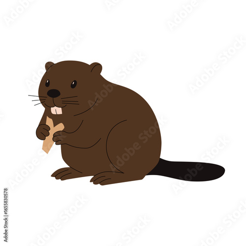 Flat illustration of a beaver holding a wooden stick. Depicted with dark brown fur, a large flat tail, prominent front teeth, and whiskers. Suitable for forest wildlife, Canadian symbols, or nature