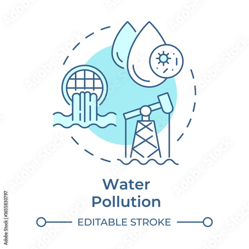 Water pollution soft blue concept icon. Contamination of waterbodies with toxins. Cause of freshwater scarcity. Round shape line illustration. Abstract idea. Graphic design. Easy to use in booklet