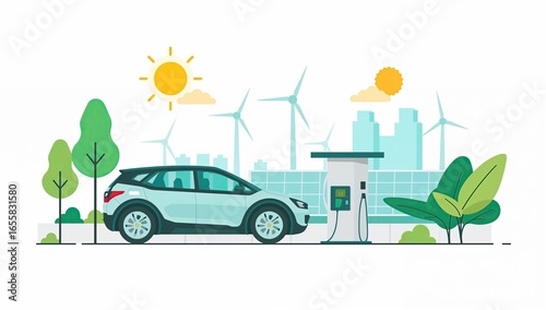 Eco-Friendly Electric Car Charging with Wind Turbines and Sunny Weather