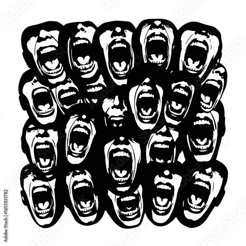 Collage of Screaming Faces silhouette, Monochrome Psychological Expression, Abstract Graphic of Inner Turmoil, Outcry of Fear and Pain.