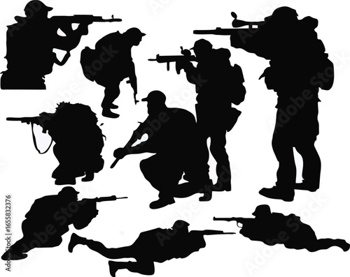 Military Soldier Silhouettes in Combat Poses Vector Set
