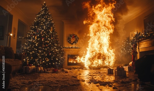 Dramatic scene featuring a burning Christmas tree in a living room, with flames engulfing the tree. The image highlights the importance of fire safety during the holiday season, Generative AI