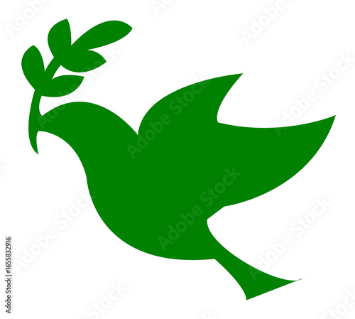 diseño verde de paloma de la paz con una ramita de olivo en el pico sobre fondo blanco