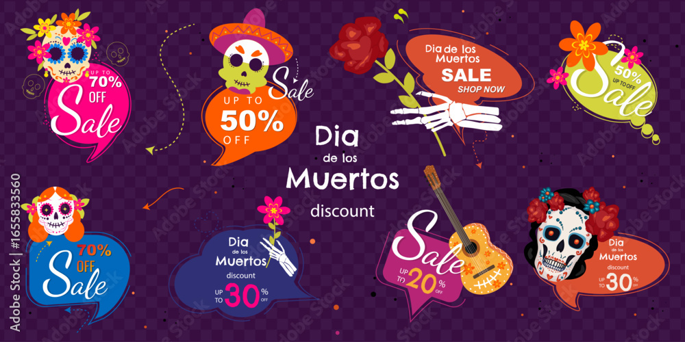 Fototapeta premium Dia de Muertos Sale stickers,tag set. Vector elements for Mexican Day of the Dead discount promotion: sugar skulls, guitar, skeleton hand, flowers. 