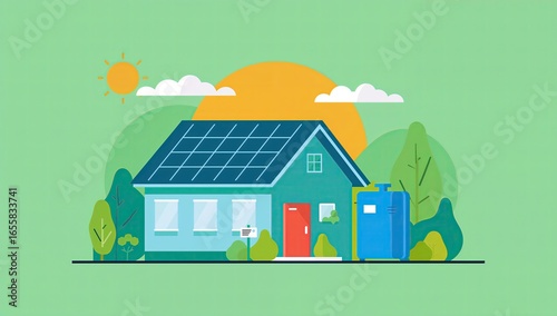 Eco-Friendly Home with Solar Panels, Water Tank, and Green Energy Concept.