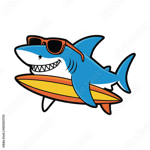 Cartoon cool shark with sunglasses surfing mascot character illustration vector design,