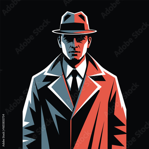 Mysterious mafia man in suit hat retro noir gangster illustration vector design,