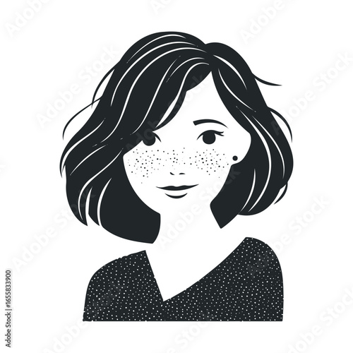 Black and white illustration of young asian female with short hair