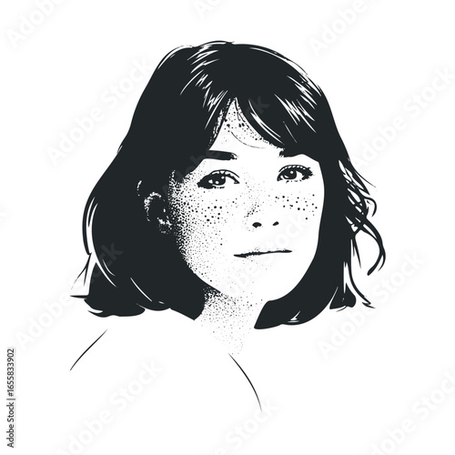 Black and white illustration of young caucasian female with freckles