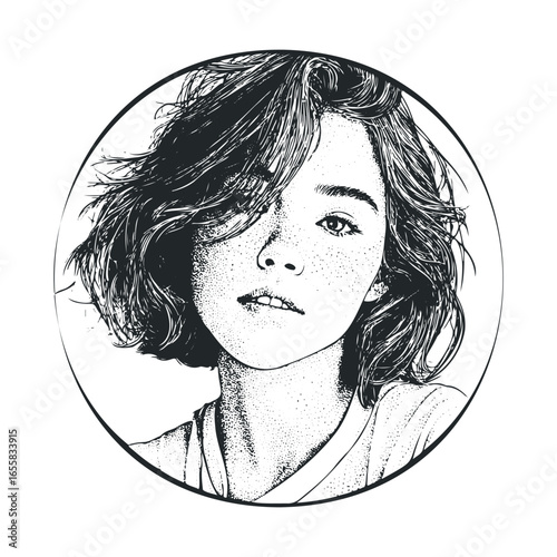 Monochrome illustration of young caucasian female with short hair