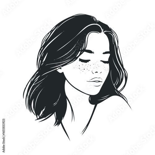 Black and white portrait of freckled female with flowing hair and closed eyes