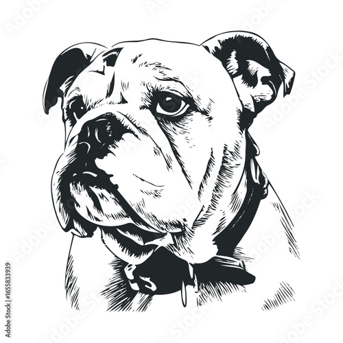 Black and white sketch of english bulldog with collar