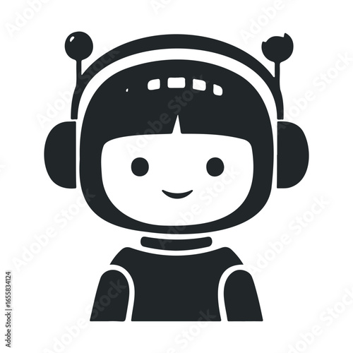 Cute robot icon with antennae and headset in black and white design
