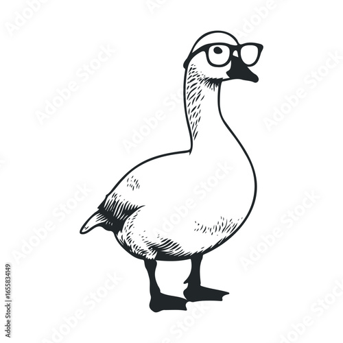 Goose wearing glasses: whimsical hand-drawn black and white illustration