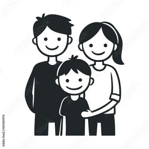 Cartoon family portrait: smiling parents and child in black and white illustration