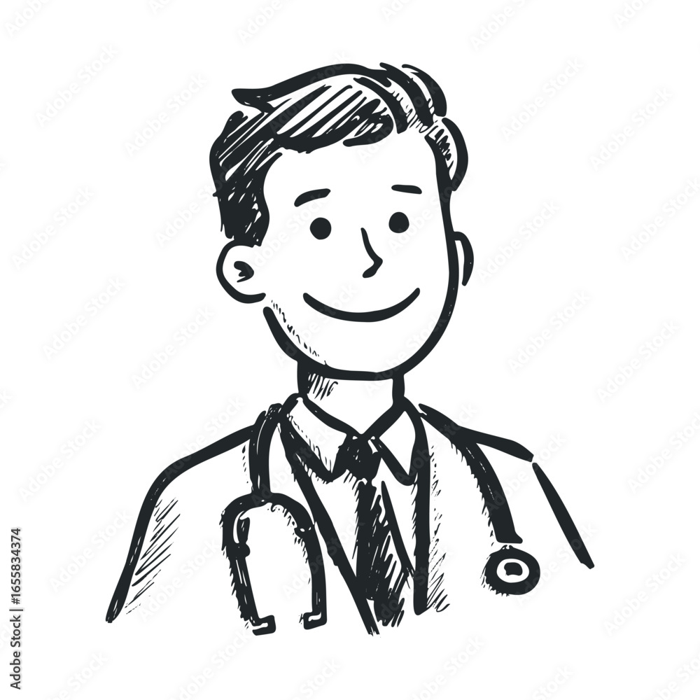 Obraz premium Smiling male doctor cartoon sketch with stethoscope