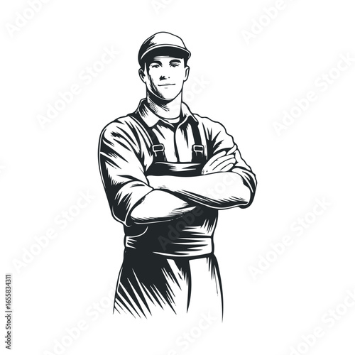 Caucasian male adult in work overalls and cap illustration with arms crossed