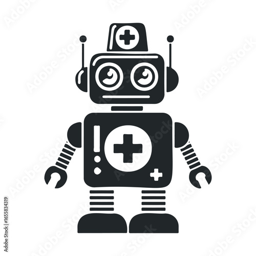 Medical robot with cross symbol and antennae in black and white design