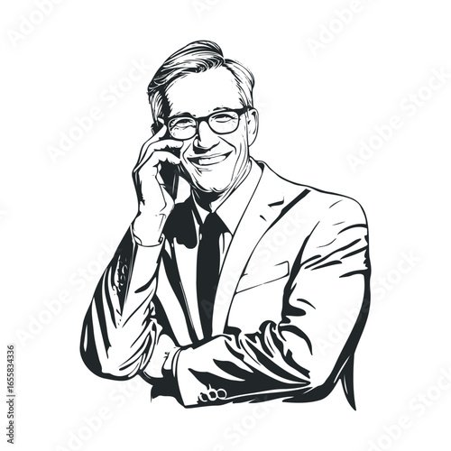 Smiling caucasian male adult in suit with glasses, hand on face, confident expression