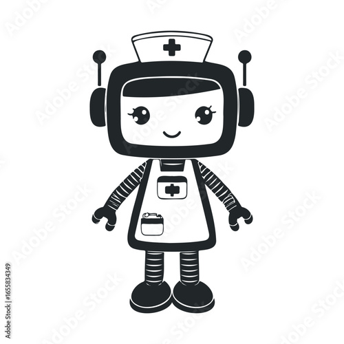 Cute nurse robot character with antenna and nurse hat
