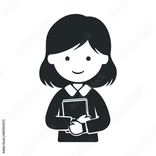Cartoon illustration of asian female child holding books with a smiling expression