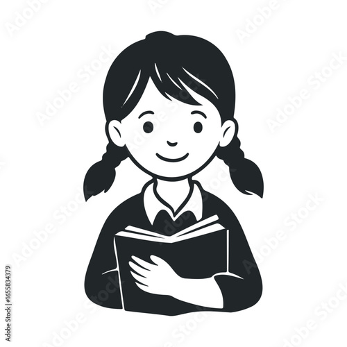 Illustration of a young female child reading a book with pigtails and a smile