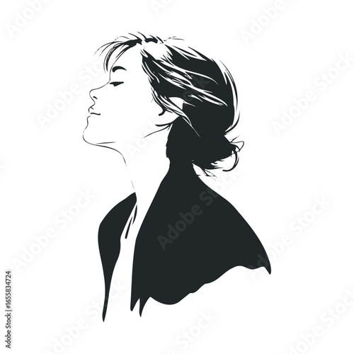 Stylized portrait of young asian female with closed eyes and updo hair