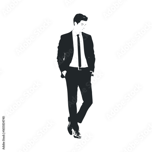 Silhouette of young asian male in suit standing with hands in pockets