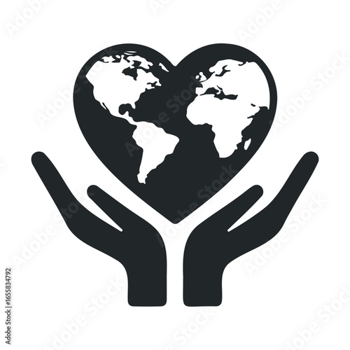 Heart-shaped world globe held by hands symbolizing global care and unity