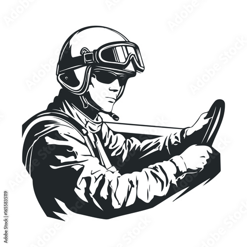 Vintage racing driver illustration with helmet and goggles in black and white