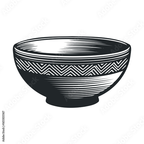 Monochrome etched ceramic bowl with geometric pattern design