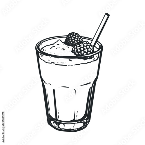 Illustration of a refreshing berry smoothie in a glass with straw and berries