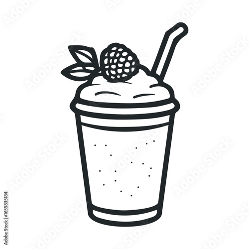 Refreshing berry smoothie in plastic cup with straw and whipped cream topping