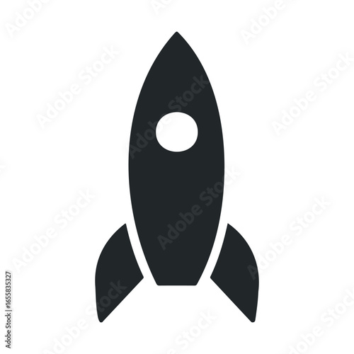 Rocket icon in black and white, simplistic spacecraft symbol on white background