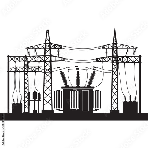 Electric power substation with transformers and pylons silhouette vector illustration design,