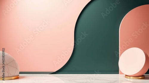 Abstract interior scene with pastel pink teal and marble elements showcasing geometric shapes and patterns