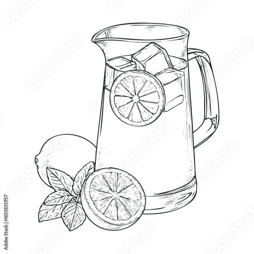 Hand-drawn lemonade pitcher with ice and fresh lemons illustration