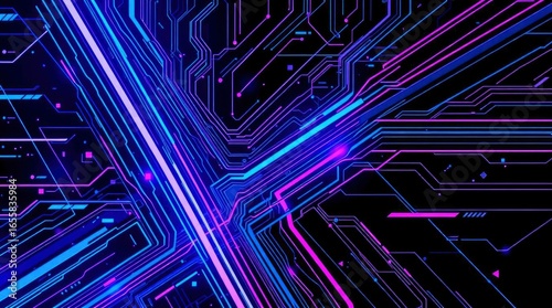Abstract image with bright neonlike blue and pink lines on a black background resembling circuit board design