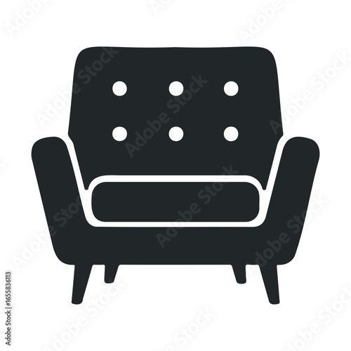 Black icon of mid-century modern armchair with buttons and tapered legs