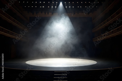 Dramatic spotlight illuminates circular area on dark stage, surrounded by swirling smoke. atmosphere is filled with anticipation and mystery, perfect for performance or event