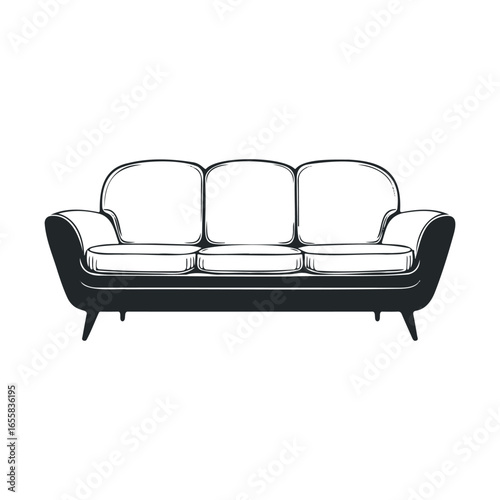 Modern black and white sofa design with three cushions and wooden legs