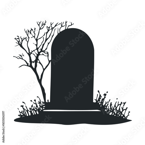 Silhouette of gravestone and leafless tree: symbol of solitude and reflection