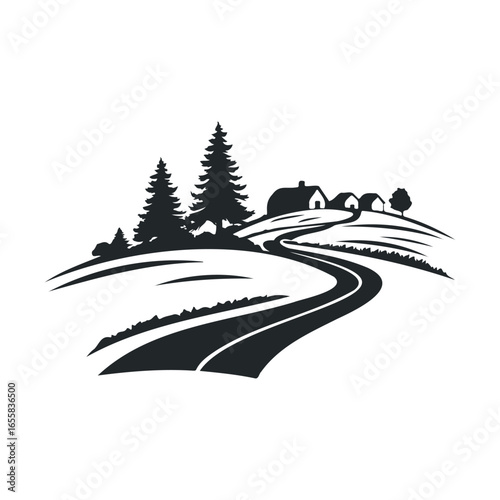 Silhouette of rural landscape with country road and farmhouses