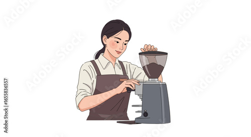 An Asian Woman barista making coffee with a grinder in a cafe shop