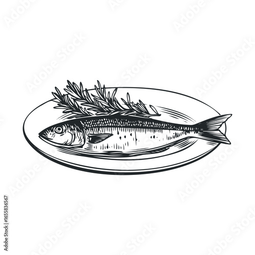 Illustrated whole fish on plate with fresh herb garnish