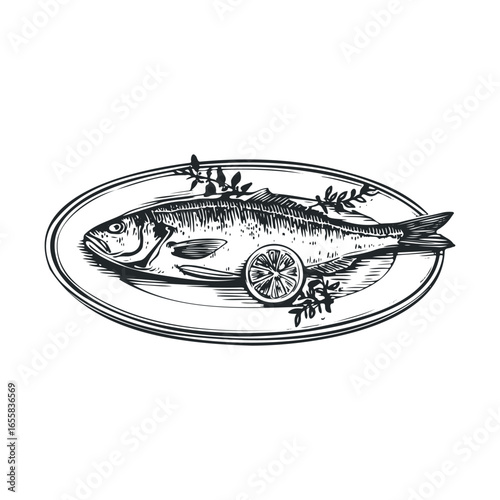 Hand-drawn grilled fish on plate with lemon and herb garnish